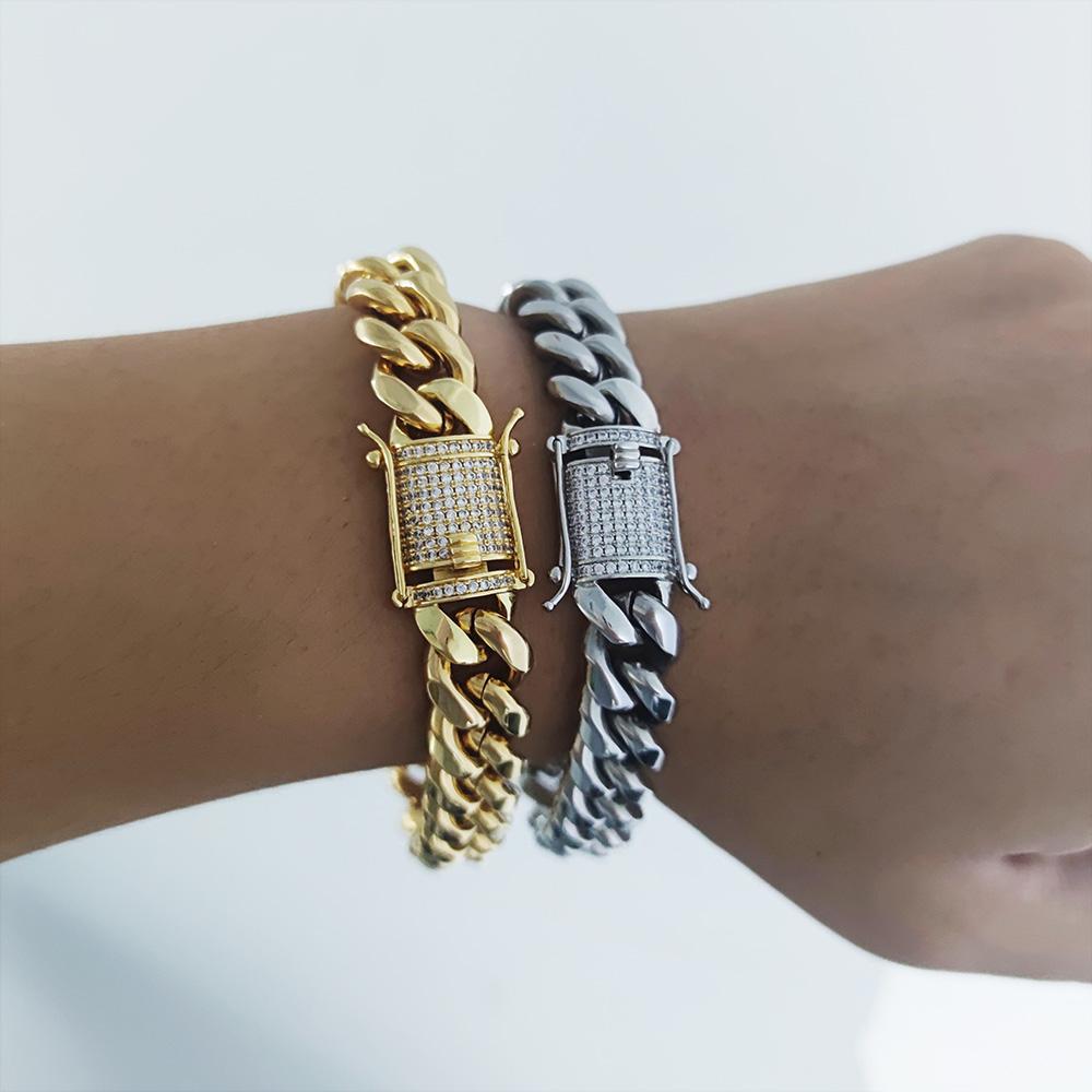 6/8/10/12/14/16MM Hip Hop Rock Zircon Clasp Cuban Bracelets for Men Stainless Steel Jewelry