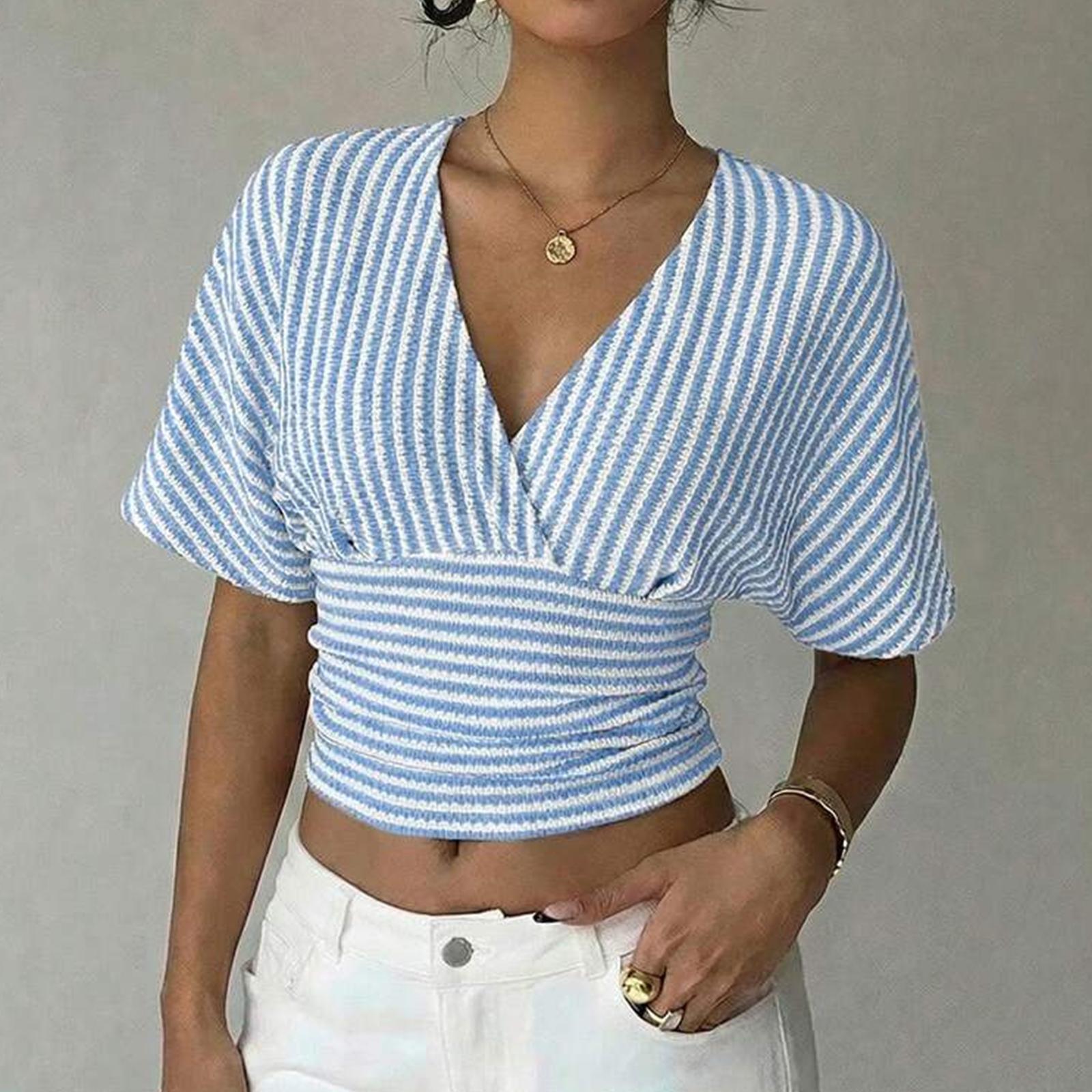 

Women V Neck Striped Short Sleeve Top Casual Loose Fit Cropped Blouse Lightweight Soft Material Comfortable Design XS