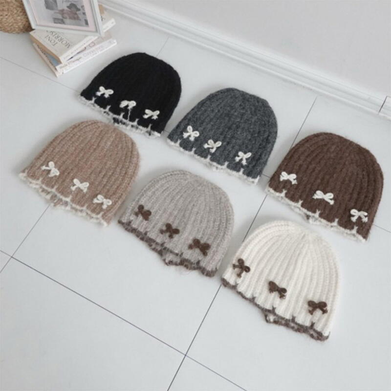 Women s Lovely Color Block Ribbon Mini Wave Beanie black