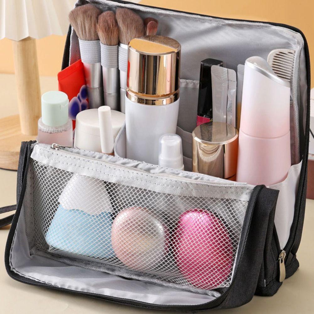 Large Capacity Vertical Makeup Bag Standable Multi-Compartment Skincare Storage Bag with Mirror Partitioned Cosmetic Organizer
