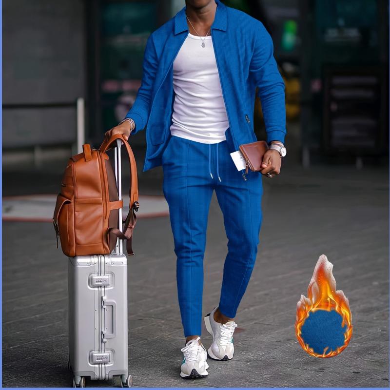 Men Thickened Waffle Turn Down Collar Long Sleeve Jacket And Pants Casual Two Piece Set