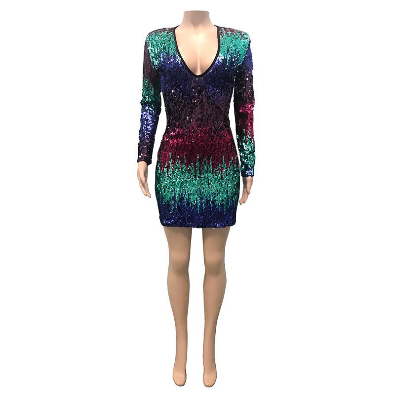 Women's Sexy Dress Deep V Long Sleeve Bag Hip Sequins Sexy Dress Fashion Nightclub Party Dress