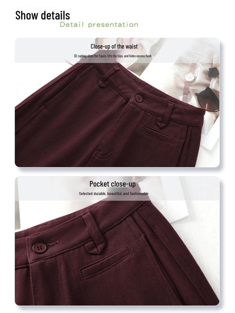 Ancola Women's Red Fleece-Lined Vintage Straight-Leg Jeans - Autumn/Winter 2024 Loose Slim-Fit Wide-Leg Pants.