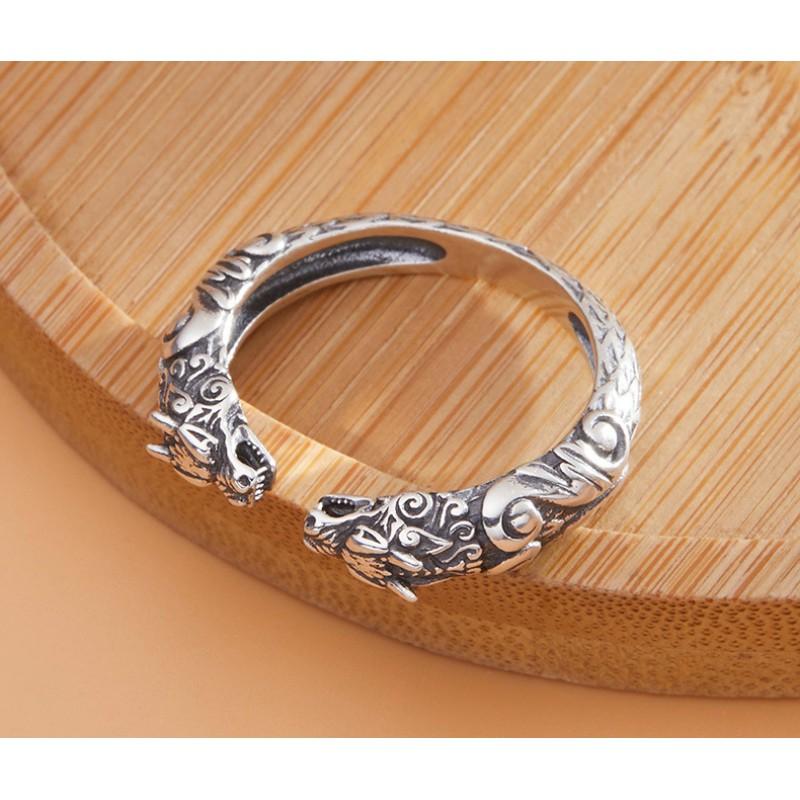 Adjustable Open Ring With Dual Dragon Motif Vintage Style Plated Men Women Fashion Jewelry Of