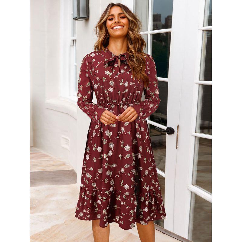 

Fashion Spring New Arrival Women s Waist Elegant Horn Long Sleeves Ruffles Floral Dress HD020-Red S