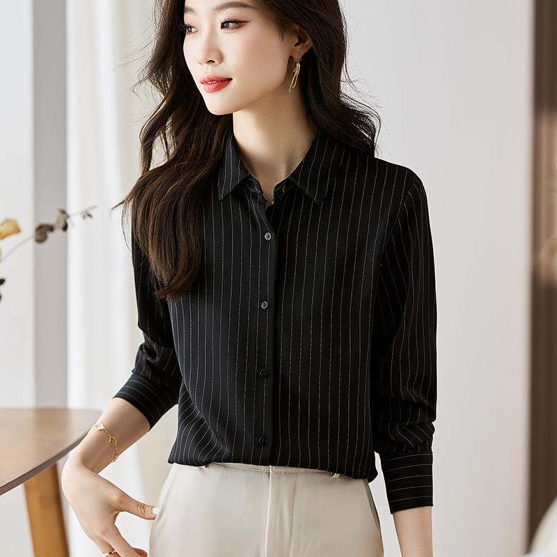 

2025 Новая весна с длинным рукавом женская рубашка офисная женская отложной воротник черная белая полосатая блузка рубашка женские топы J742 XL чёрный