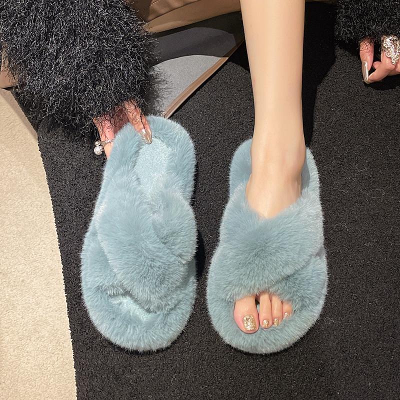 Fashion 2025 New Women Furry Fur Slippers Soft Faux Fur Slides Ladies Plush House Slippers Open Toe Flat Sandals Fluffy Warm Shoes