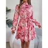 Robe Florale pour Femme Élégante Col Montant Floral Taille Marquée Manches Longues Volants Jupe A-Ligne