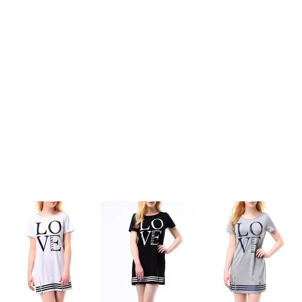 Elegant Sports Women Letter Love Printed Long T-shirt One-piece Casual Dress Zipper