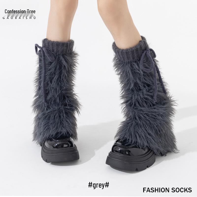 Damen Schnür-Fell-Scrunchy-Beinstulpen - Dick, Plüschig, Y2K-Stil für Herbst/Winter