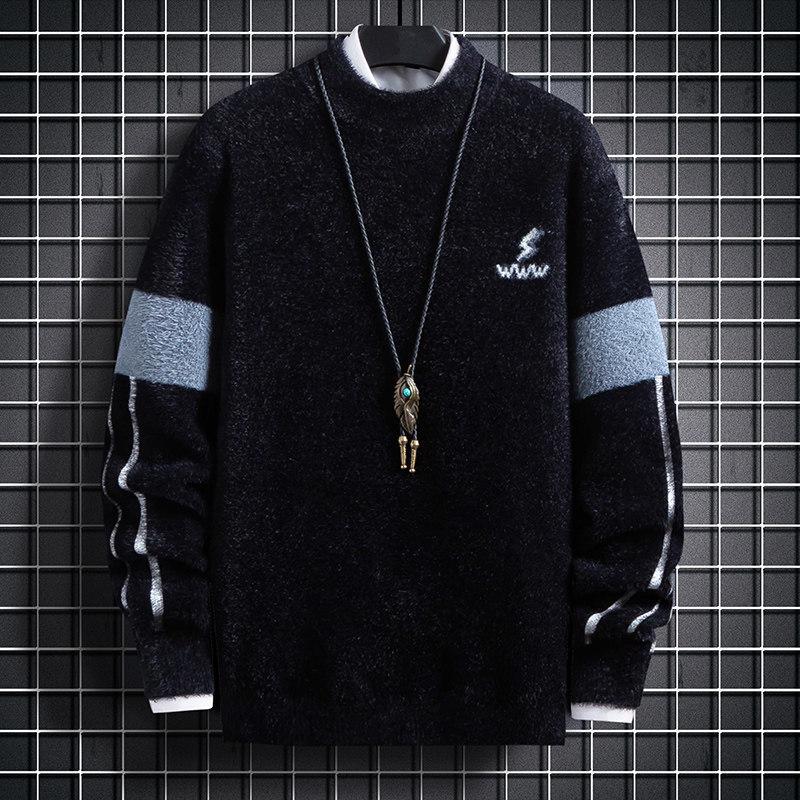 

Men s College Style Fleece-Lined Knitted Sweater: Warm and Thick for Autumn/Winter XL (120-135 jin) чёрный