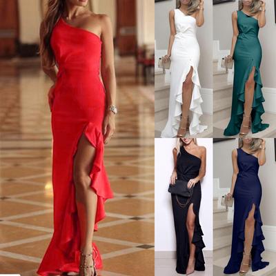Women's European And American Fashion Sexy Slim Solid Color Waist And Kinks Irregular Ruffled Skirt  Slant-shoulder Sleeveless Dress
