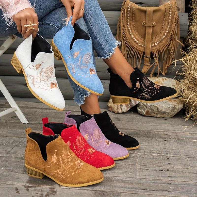 UMIK Women'S Vintage Embroidered Ankle Boots - Pointed Toe Low Heel with Side Zipper, Breathable Cut-Out Design, Lightweight Fabric Upper