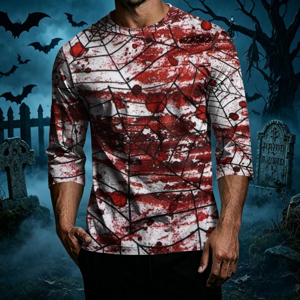Men's Casual Halloween Print Crew Neck T Shirt Three Quarter Sleeve Top Comfortable Fit Lightweight Fabric Suitable for Everyday Wear
