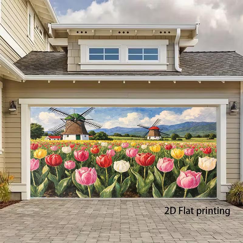 2D Spring Holland Landscape Backdrop Featuring Vibrant Tulip Fields and Traditional Windmills