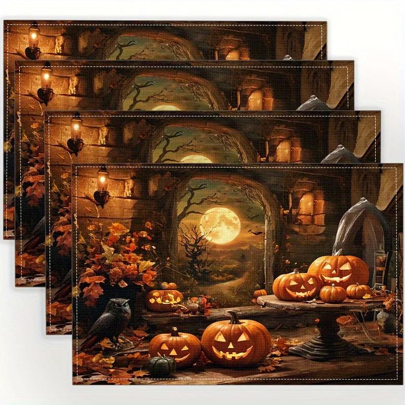1PC Halloween Linen Meal Mat Set Evil Pumpkin Placemat for Decorating The Kitchen Dining Table Protection Tabletop