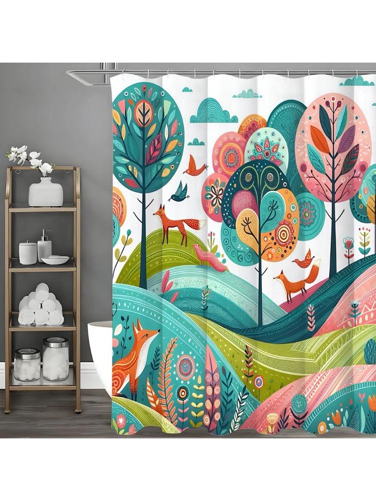 Cartoon illustration mountains and trees fox birds flowers and plants shower curtain, bathroom decorative shower curtain, waterp W90xH180cm