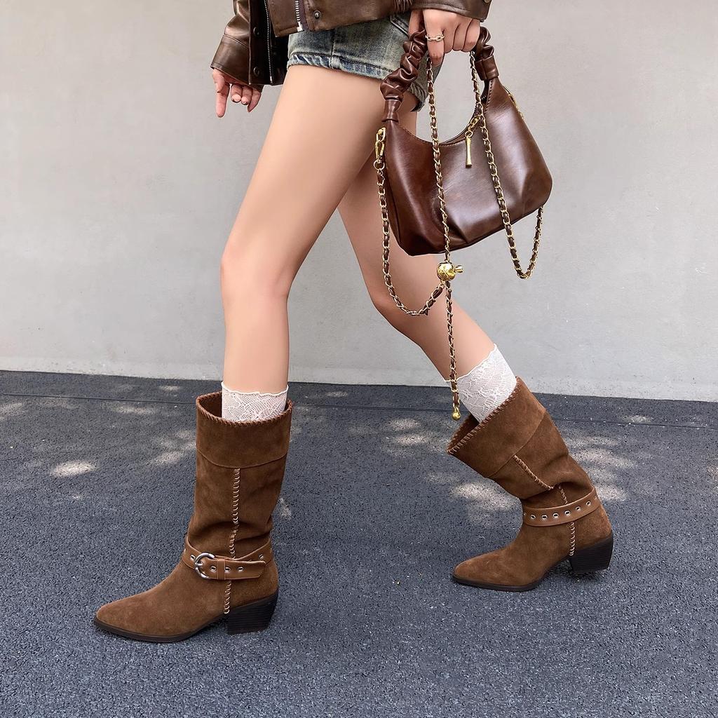 2025 New Vintage Brown Coarse Heel Belt Buckle Pointed Western Cowboy Boots Women's Medium Knight Boots Long Boots