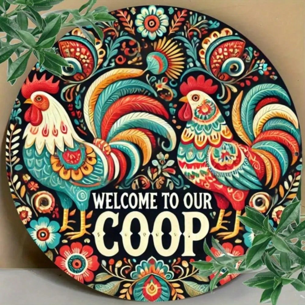 Vintage Style Round Metal Tin Sign 20x20cm Farmhouse Chicken Cage Wall Decor