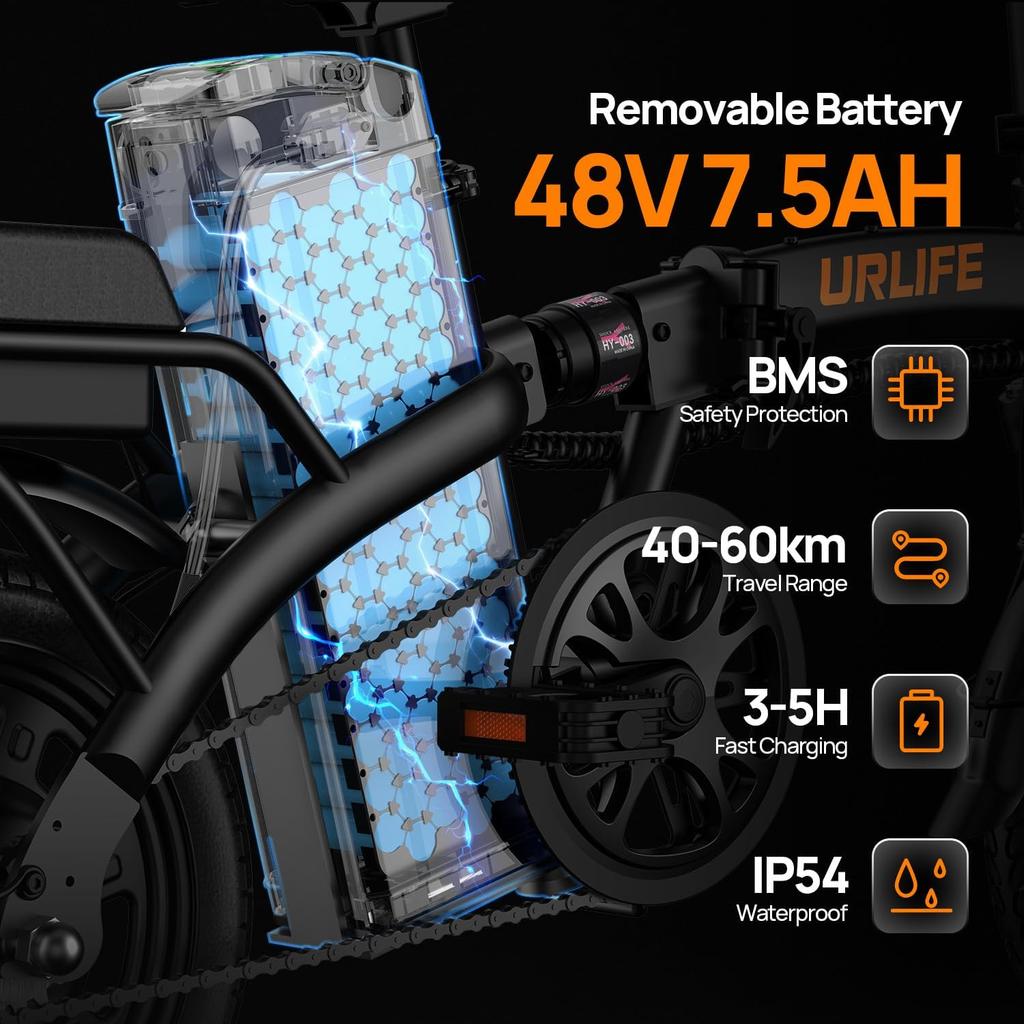 URLIFE E1L Adult Electric Bicycle 250W Motor Ebike 48V 7.8AH Battery City Commuter E-bike With 14" Wheels and Foldable Frame Electric Bike