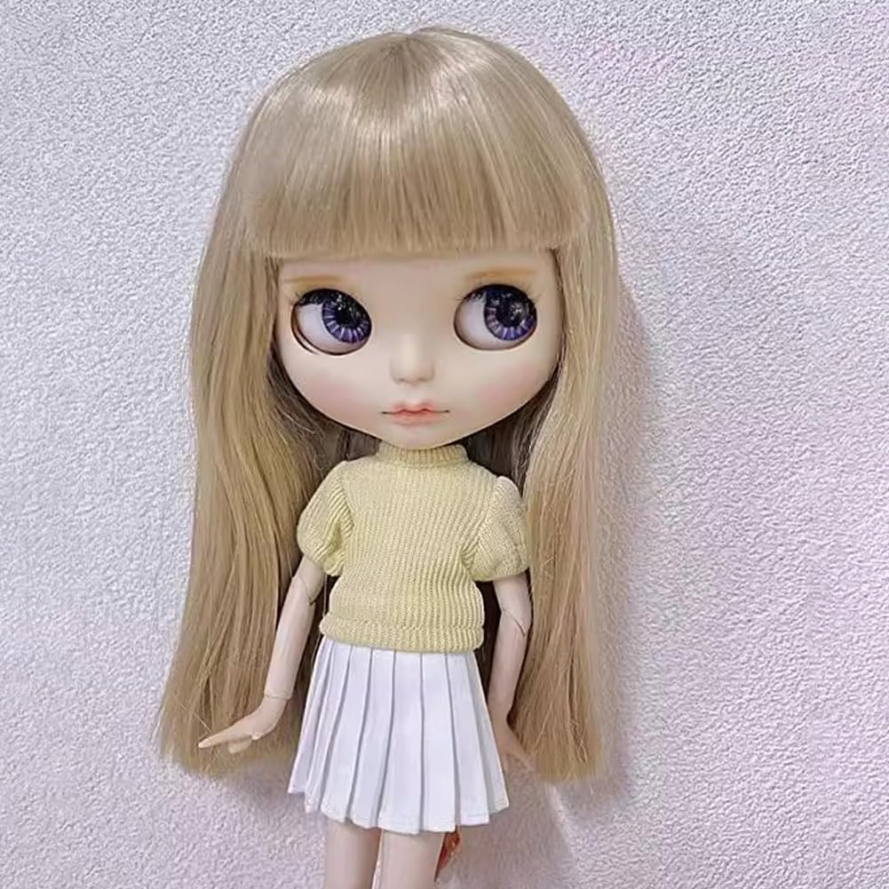 rakulifey Blythe doll outfit, 2-piece set (white + khaki), includes top and skirt, suitable for Neo Blythe dolls and Obitsu 24 dolls.