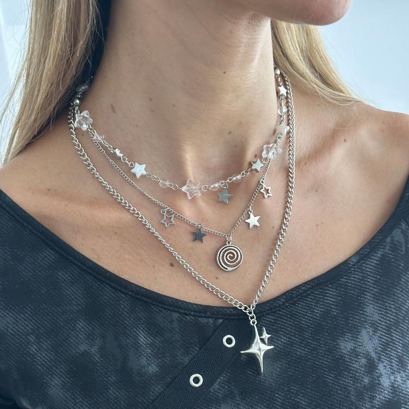 Fashion Metal Star Pendant Necklace For Women Punk Hip Hop Silver Color Multi Layered Pentagram Tassel Necklace Y2K Jewelry Gift
