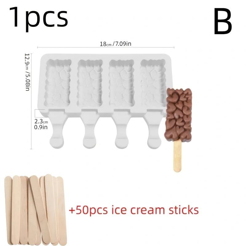 Silicone Ice Cream Maker 4 Cavities Popsicle Mold with Wooden Sticks Oval Cake Chocolate Baking Tools Reusable Dessert Molds