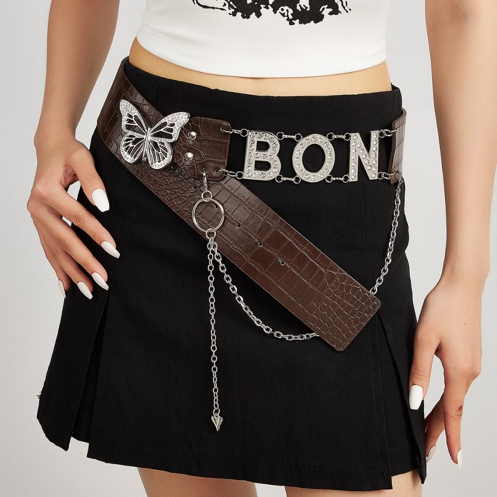 Spice Girl Rhinestone Belts PU Leather Waistband Punk Butterfly Waist Chain  Decorative Jeans