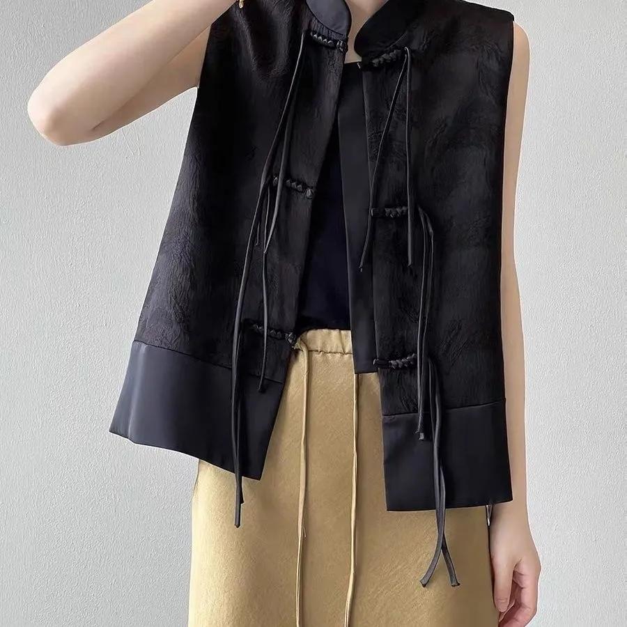 

Китайская жилетка на пуговицах, весенняя жаккардовая куртка со стойкой, без рукавов, ретро женский чонсам, топы XS чёрный