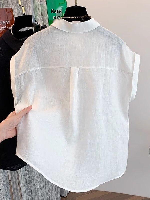 Plus Size Artistic Women's Cotton Linen Vest Short Sleeve Lapel Shirt - Spring/Summer Thin & Breathable Top