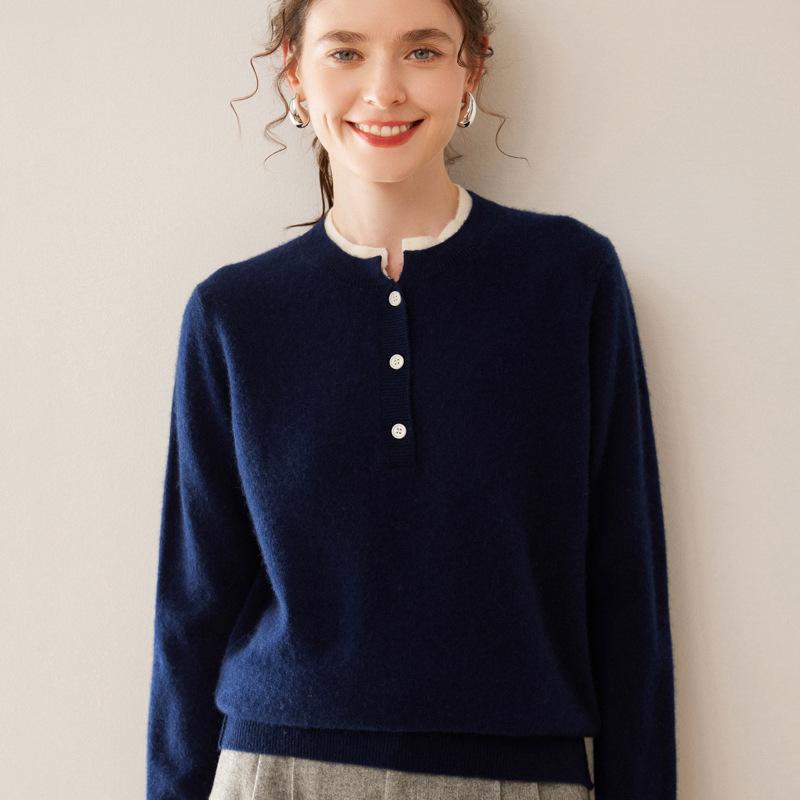 Women's Color Block Cashmere Sweater - Round Neck, Buttoned, Loose Fit, Long Sleeve Contrasting Knit for Autumn/Winter.