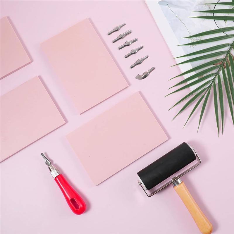 M-Modern-Rubber Block Stamp Carving Kit 4 Pack With Cutting Tools And Brayer Roller For Printmaking Crafts