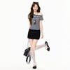 Navy blue striped diagonal neck off-shoulder short-sleeved T-shirt women's summer slim-fitting and thin diagonal shoulder rivet 
