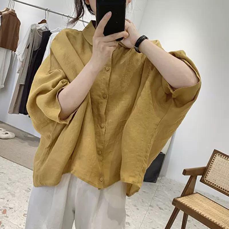 Women's Retro Cotton Linen Shirt - Loose, Slimming Five-Point Sleeve Summer Top (2026 Design)