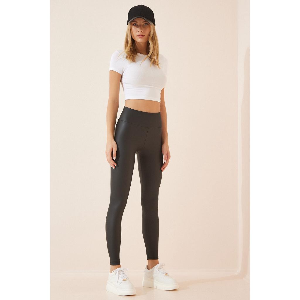 Women's Black High Waist Shaper Faux Leather Leggings Be00021