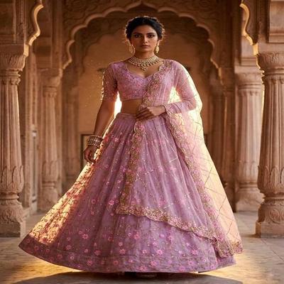 Women's Lavender Soft Butterfly Net Embroidered Semi-Stitched Lehenga Choli Set with Sequins Work & Dupatta