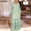 VONDA Summer Women Round Neck Long Sleeve Floral Patchwork Pleated Long Dress