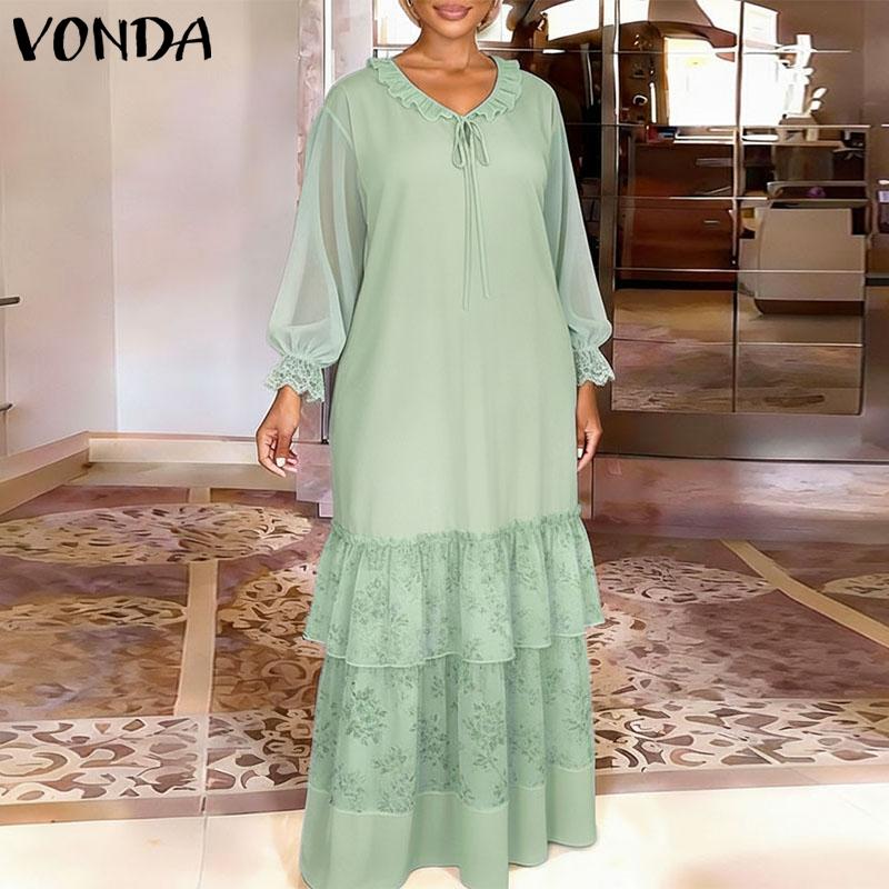 VONDA Summer Women Round Neck Long Sleeve Floral Patchwork Pleated Long Dress
