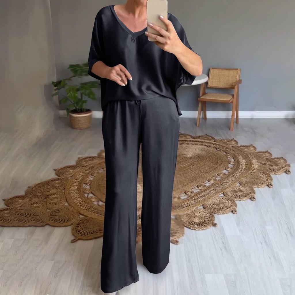 Women's Loose V-Neck Pullover Casual Short Sleeve Long Pants Fashion Suit