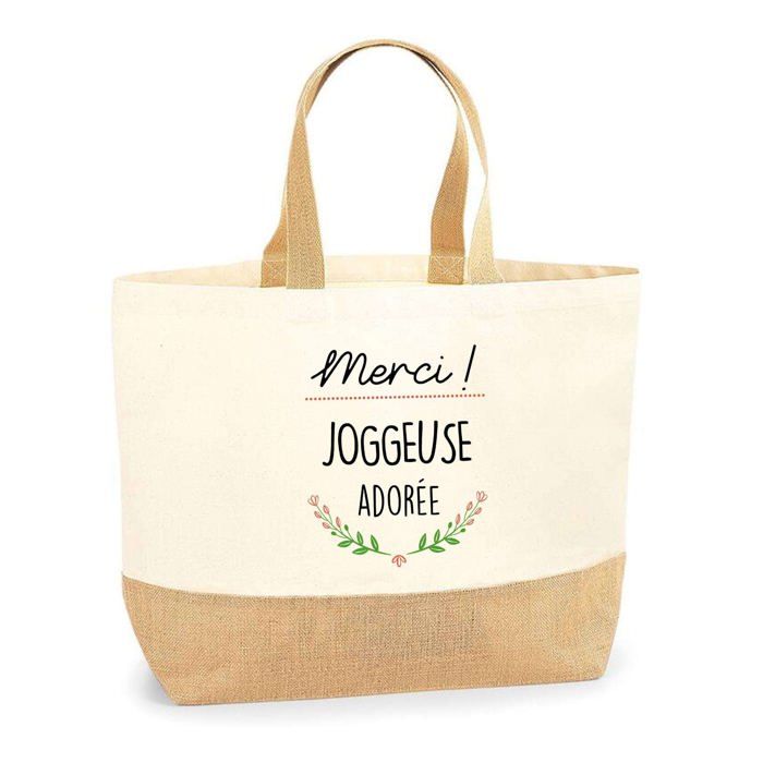 Cabas de plage - PLANETEE - Merci Joggeuse Adorée - Jute naturel - Multicolore - Fabriqué en France