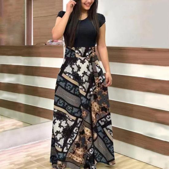 Damen Kurzarm Blumenmuster Patchwork Abschlussball Cocktail Großes Schwingendes Maxi-Kleid