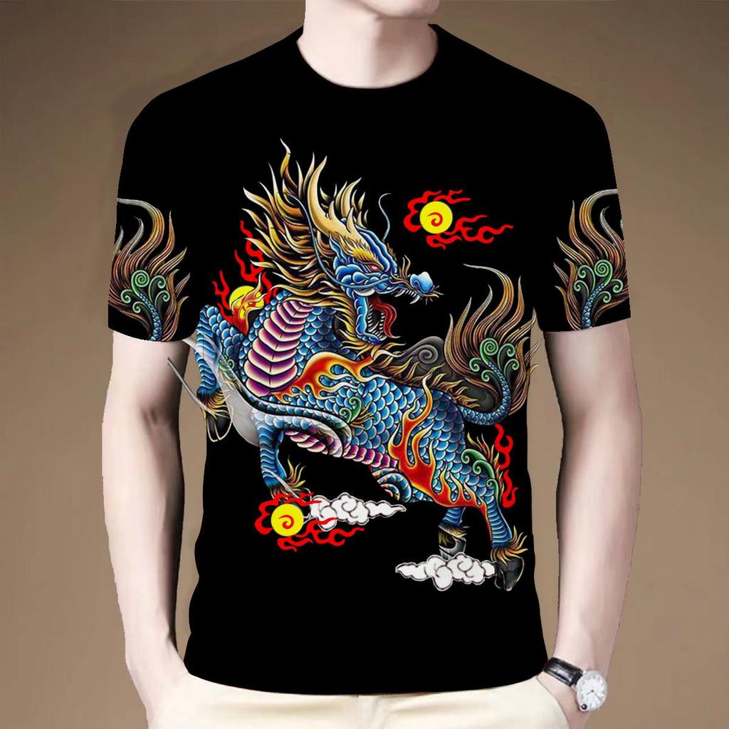 Summer 3D Printed T-shirt Retro Kirin Beast Series Men's Personalized Creative Round Neck Large Short Sleeve