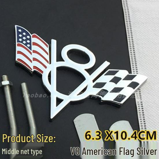 V8 Metal Car Decals for Chevrolet, Dodge, Jeep Tailgates - Includes American, German, British Flags