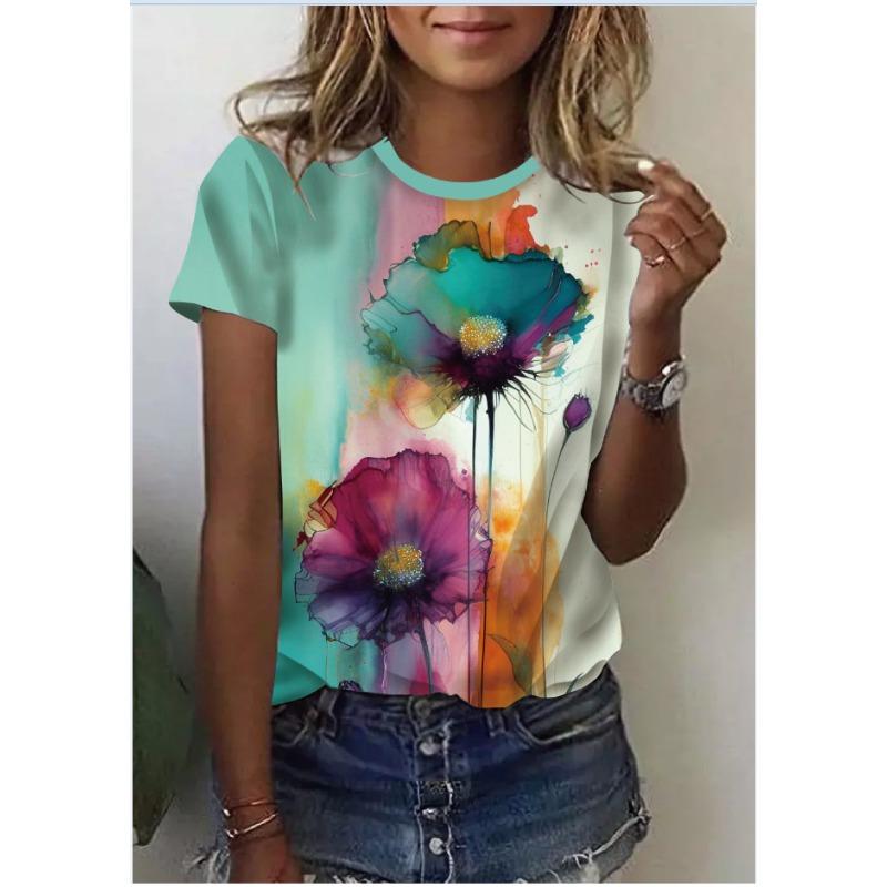 Round Neck Short Sleeved Floral Pattern Color Blocked 3D Printed Top for Summer Fashion and Casual Women's T-shirts
