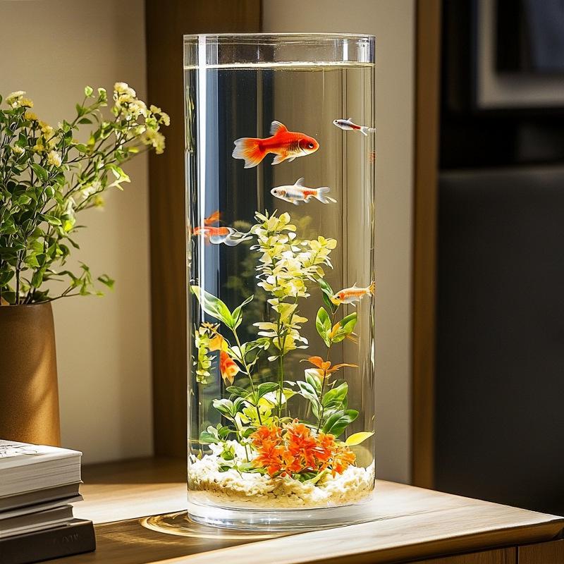 Round Ultra-White Acrylic Fish Tank - Transparent, Drop-Proof Small Goldfish Tank for Living Room Desktop
