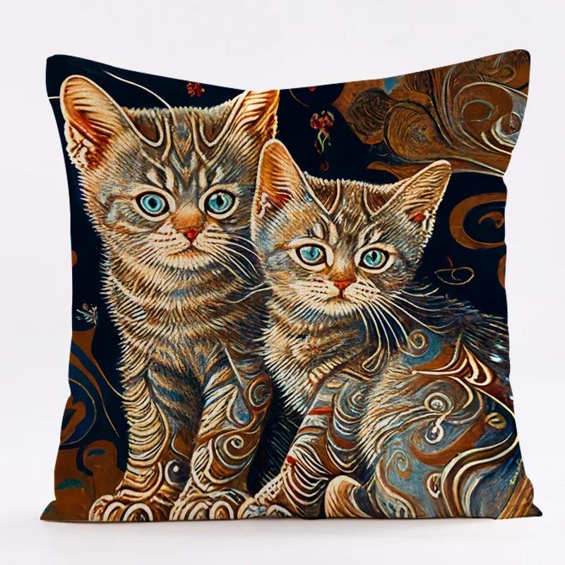 Ny Konst Mural Kattunge Tryck Serie Kuddfodral för Soffa Djurdesign Retro Kuddfodral Heminredning Kuddöverdrag 45x45 cm