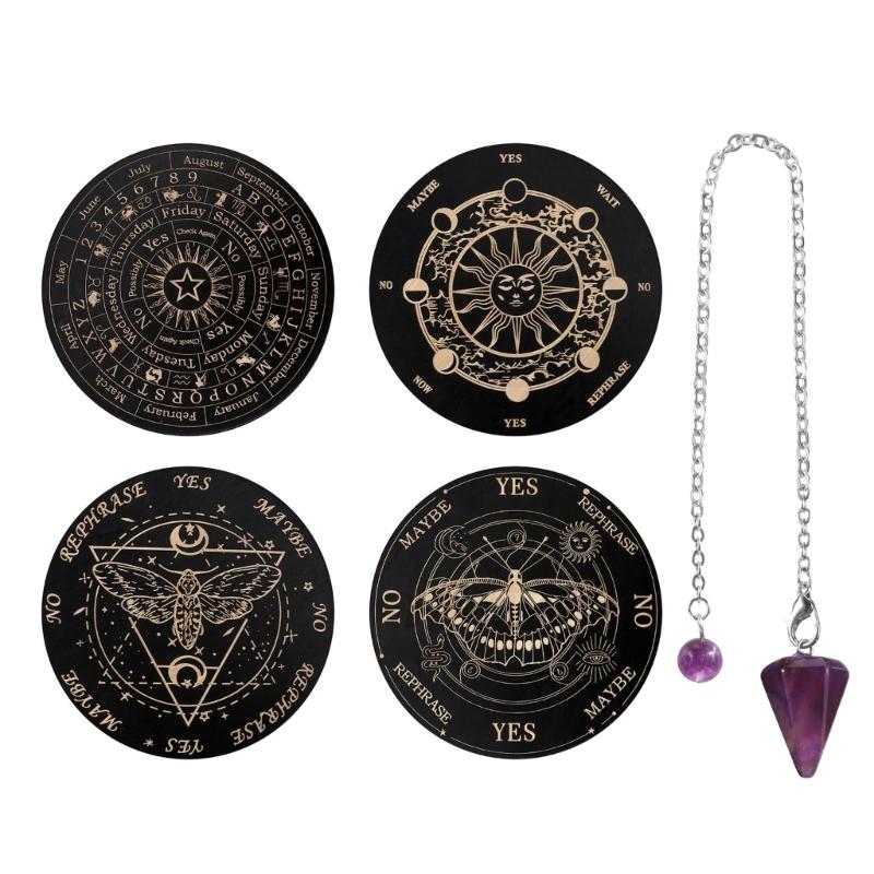 Divination Metaphysical Message Board Wooden Pendulum Board with Crystal Dowsing Pendulum Necklace Witchcrafts Supplies