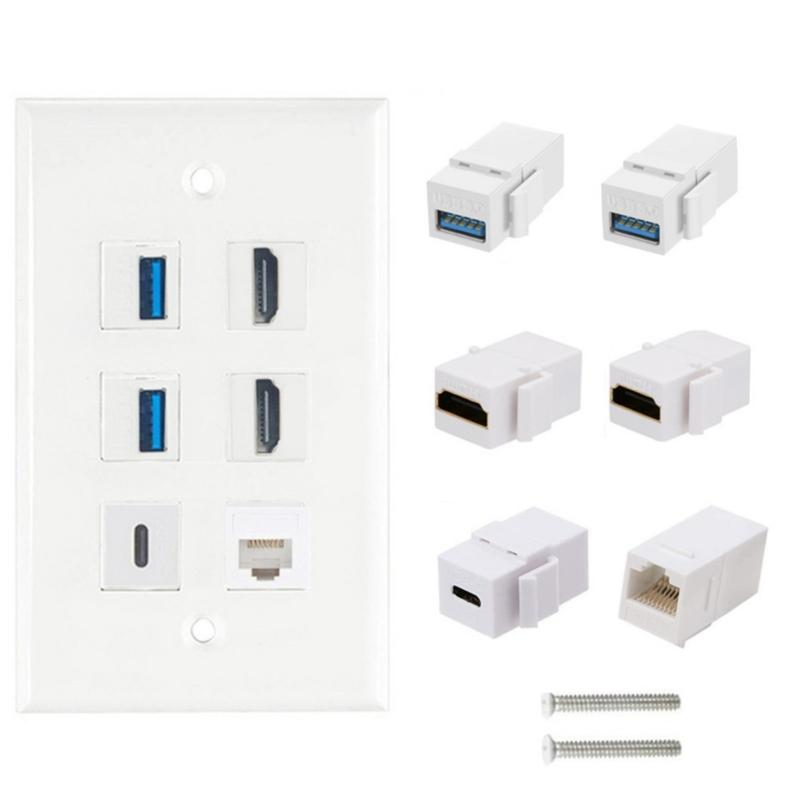HDTV Keystone Wall Plate Cat6 2xUSB3.0 1x Type C 1x CAT6 RJ45 Ethernet Type Port HDTV Decorative Connector Wall Plate