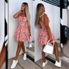 Women's Summer Mini Dress Spaghetti Strap Printed Skirt Dress Loose Pleated Dress