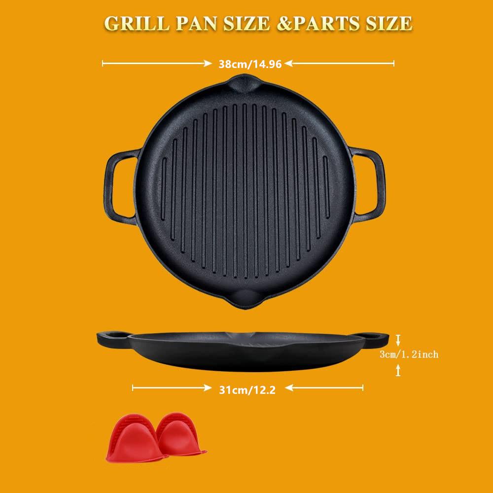 Wstępnie sezonowana żeliwna patelnia grillowa - 12-calowa okrągła patelnia grillowa z podwójnymi uchwytami do grillowania i gotowania na kuchence do steków i mięs
